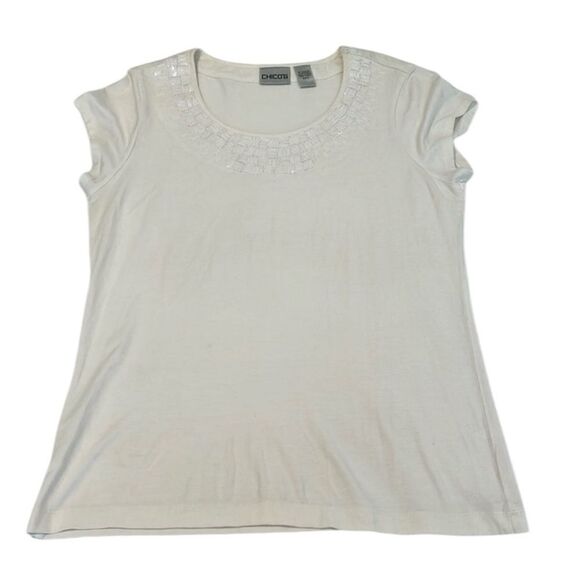 Chicos size O/S white embellished neckline short sleeve closet staple tshirt EUC - Picture 1 of 10